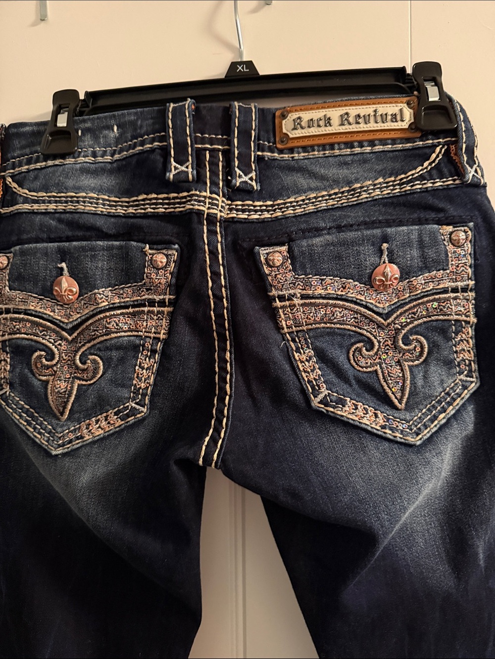 LIKE NEW. Rock Revival Vaness Women's Dark Blue Embellished Skinny Jeans - Picture 4 of 9